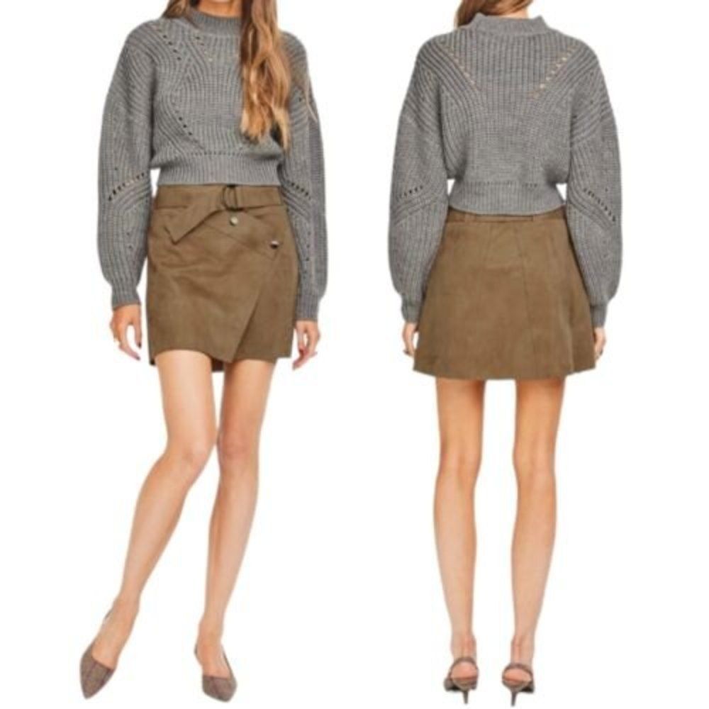 ASTR The Label Carly Sweater Sz L Gray Pointelle Cropped Balloon Sleeve Pullover